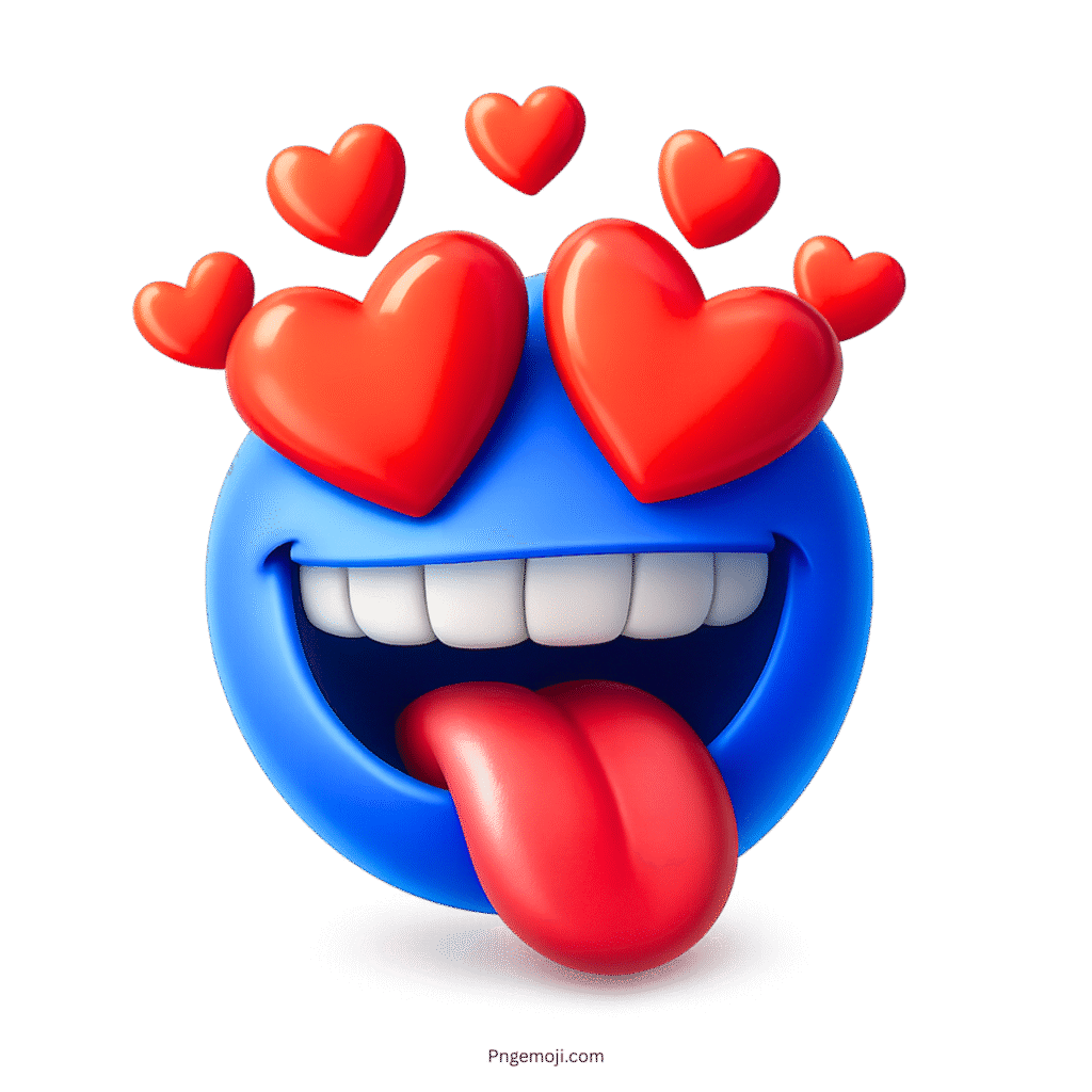 Blue emoji with red heart eyes and tongue out expressing wild crazy-in-love emotion