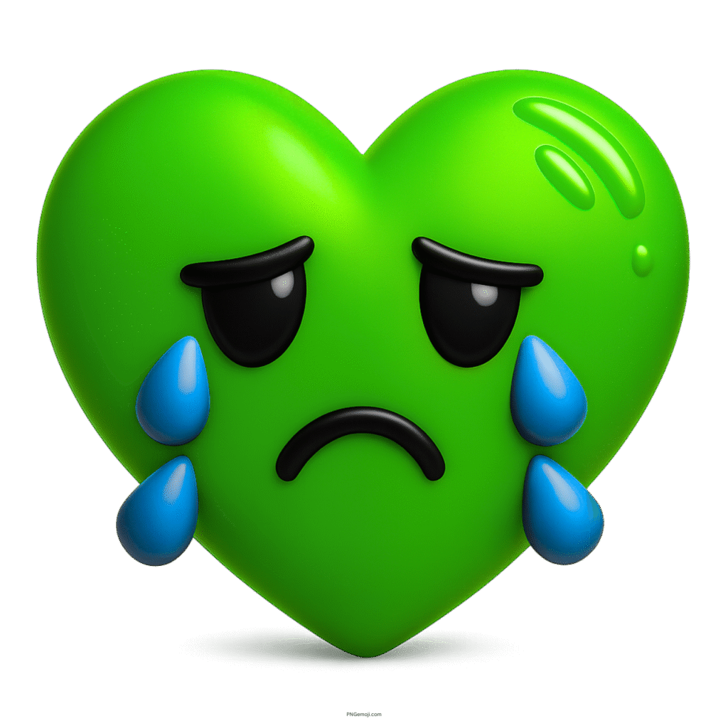 Green heart emoji crying with tears, showing sadness, emotional pain, or lost love.