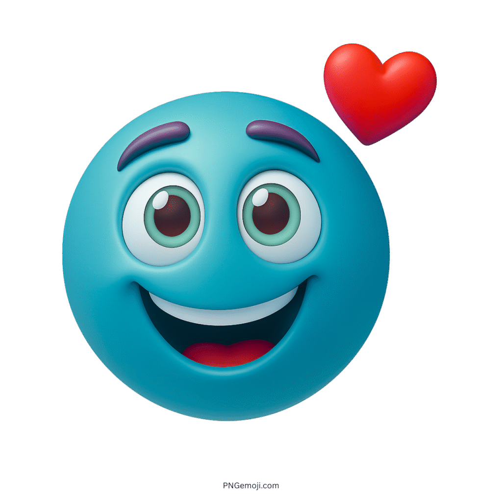Cyan blue smiley emoji with heart and joyful face in 3D cartoon style