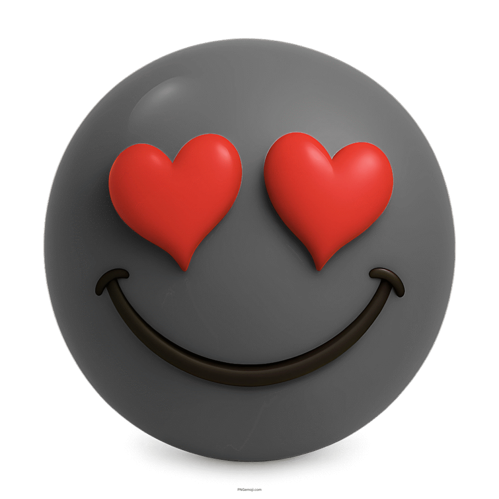 3D dark gray smiley emoji with red heart eyes and a wide smile