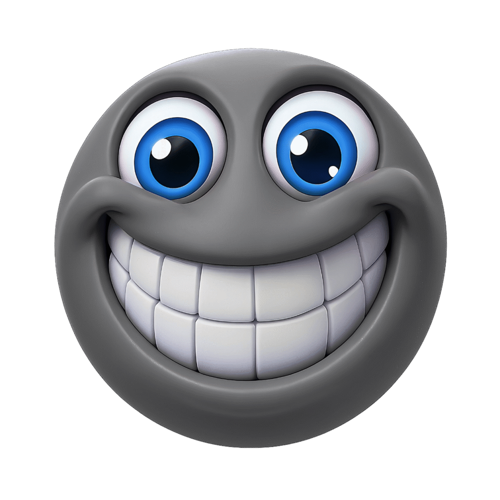 Dark grey emoji face with large toothy smile and wide blue cartoon eyes