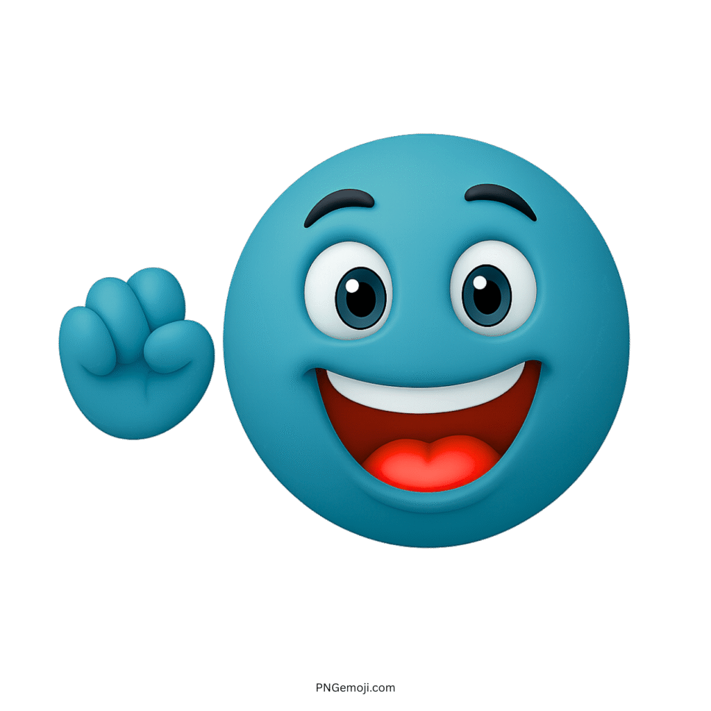 Dark teal emoji waving with big smile and cheerful excited cartoon face expression