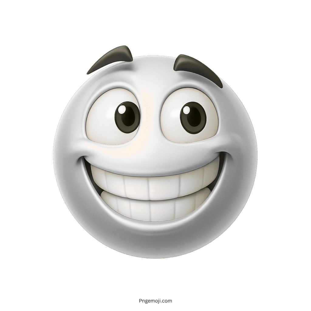 White 3D emoji with big smile and raised eyebrows showing joy and friendliness