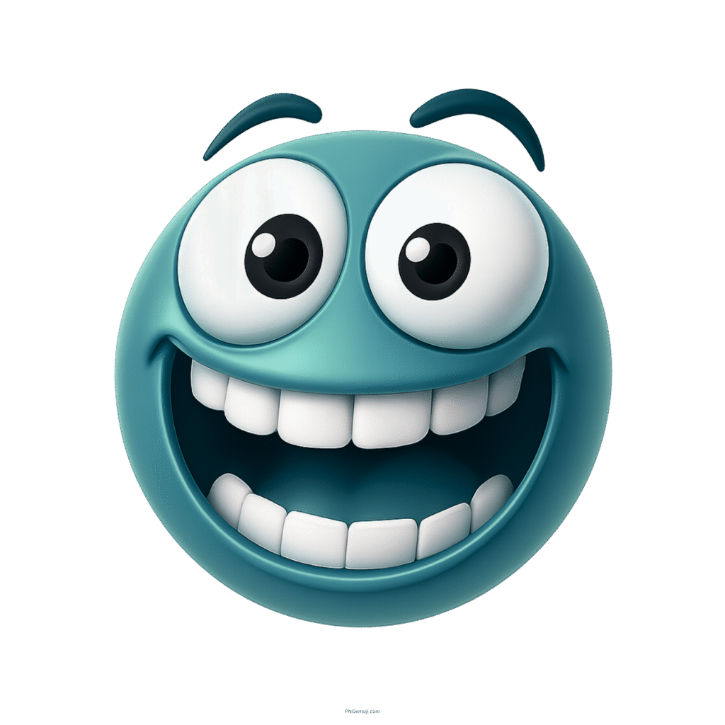 Funny blue 3D zany emoji with goofy big eyes and wide smiling face