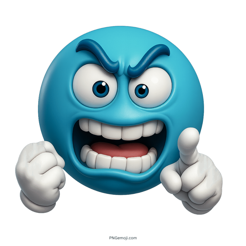 Goofy angry blue emoji yelling and pointing with clenched fists in 3D style