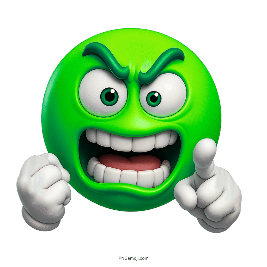 Goofy angry green emoji 3D face shouting with clenched fist and pointing finger