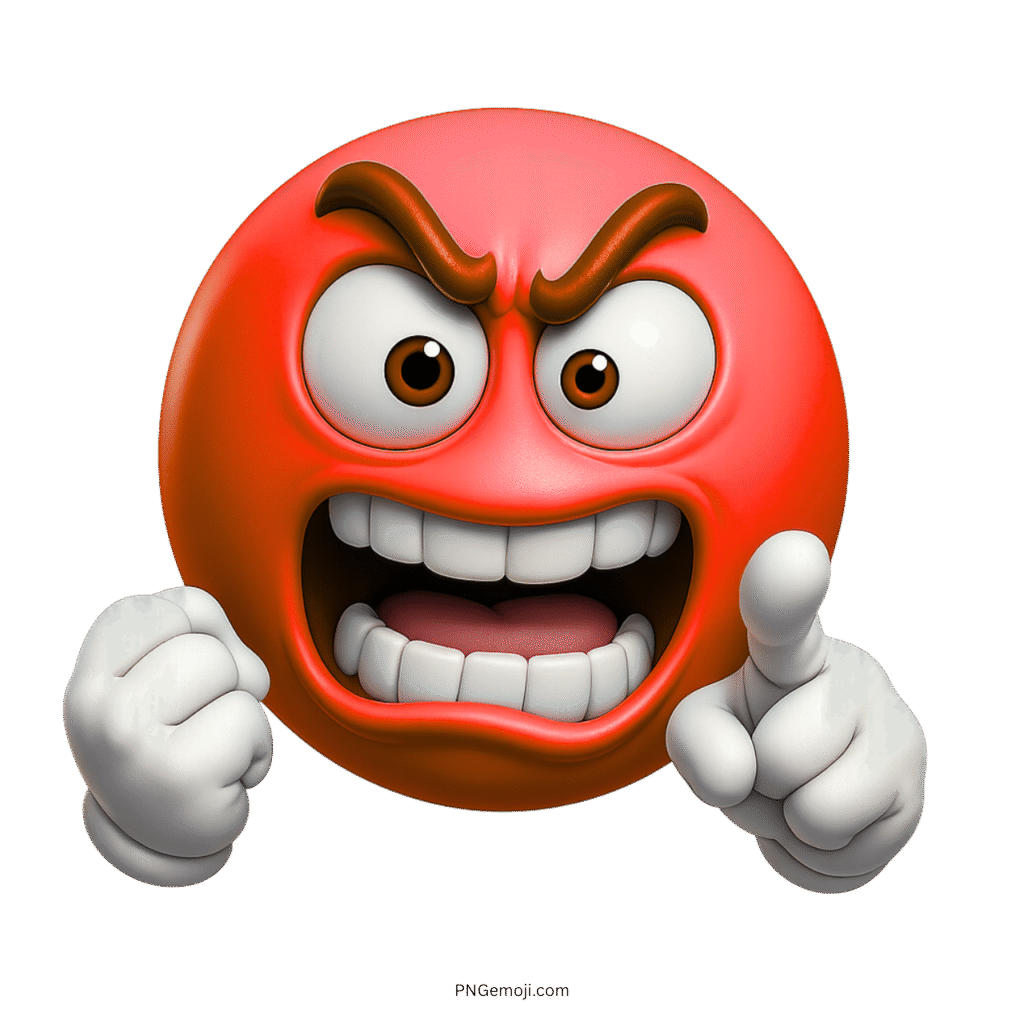 Goofy angry red emoji 3D cartoon face yelling with fist and pointing hand