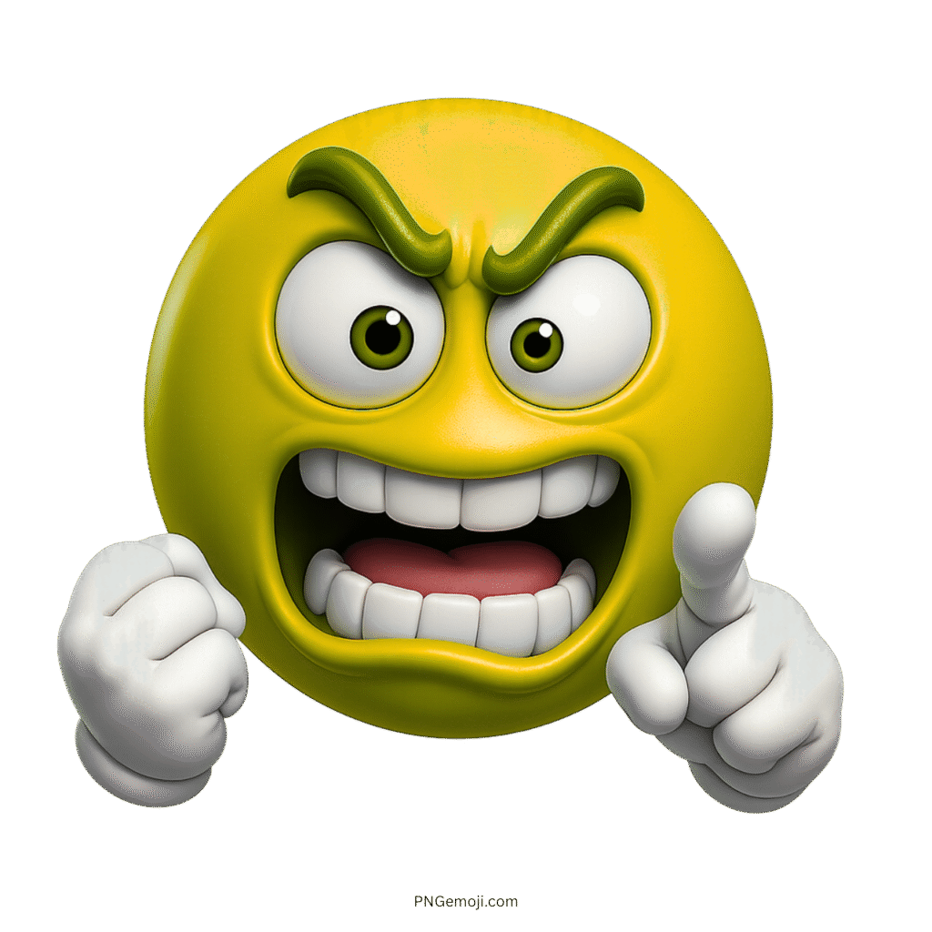 Goofy angry yellow emoji 3D face shouting with clenched fist and pointing hand