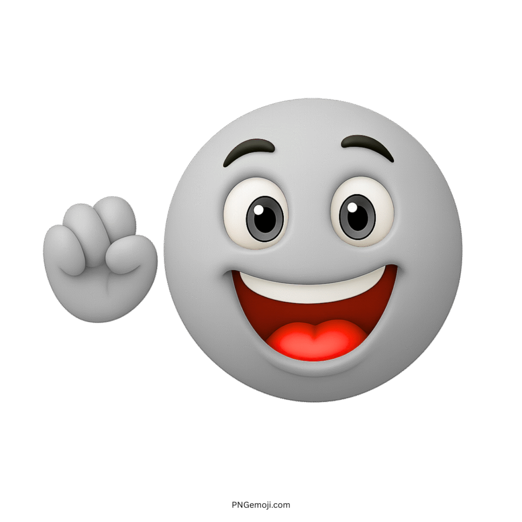 Gray smiling emoji waving hand with happy expression and glowing red tongue