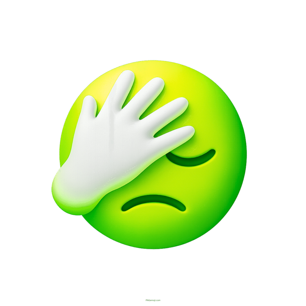 Green 3D facepalm emoji with white hand showing sadness and frustration

✅ Title (5&ndash;10 words):
Green 3D Facepalm Emoji Frustrated Reaction









Green 3D facepalm emoji with white hand showing sadness and frustration