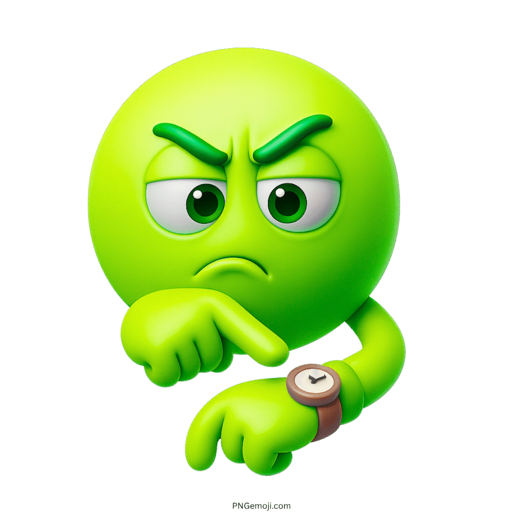 3D green annoyed emoji pointing at watch to show frustration or impatience