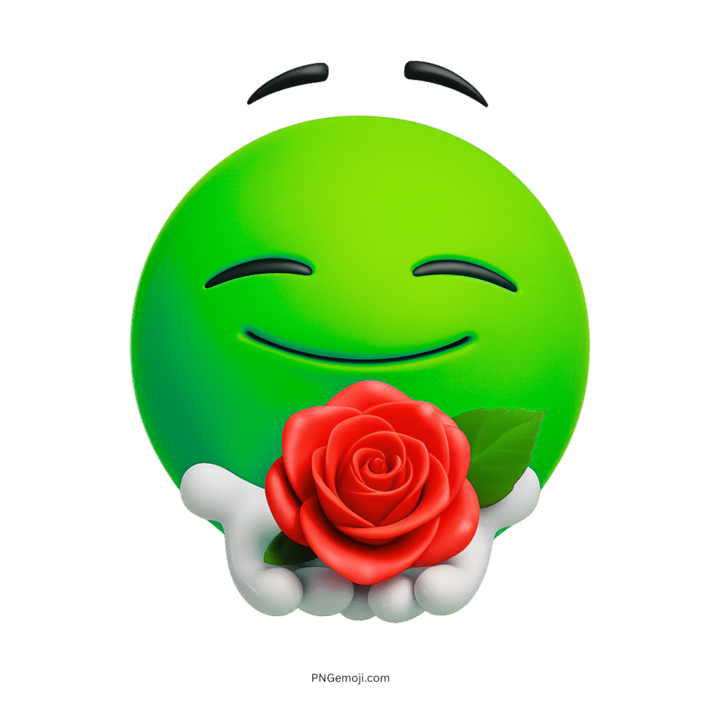 3D green emoji smiling and offering a vibrant red rose flower