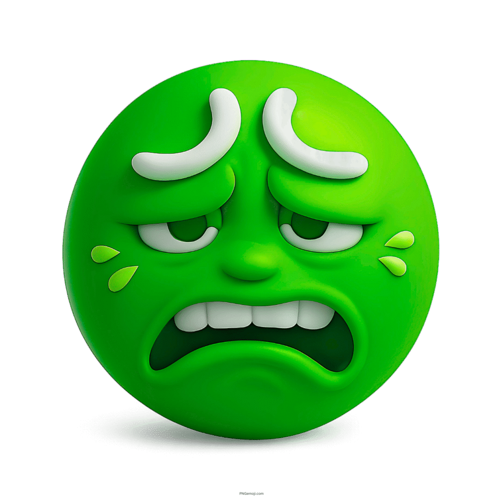 Green 3D emoji with disgusted face, curved eyebrows, and expressive teardrop cheeks