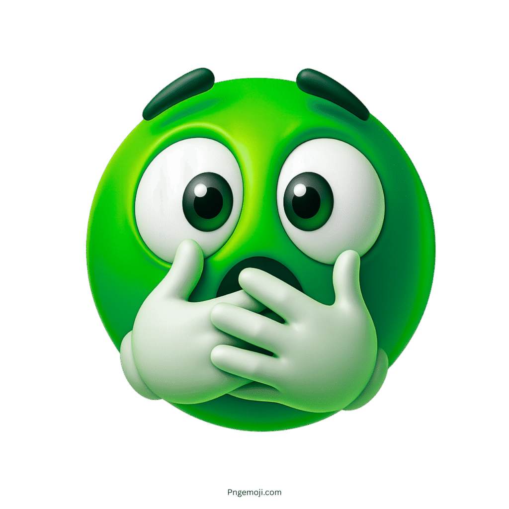Green emoji with shocked wide eyes and white hands covering its mouth in fear