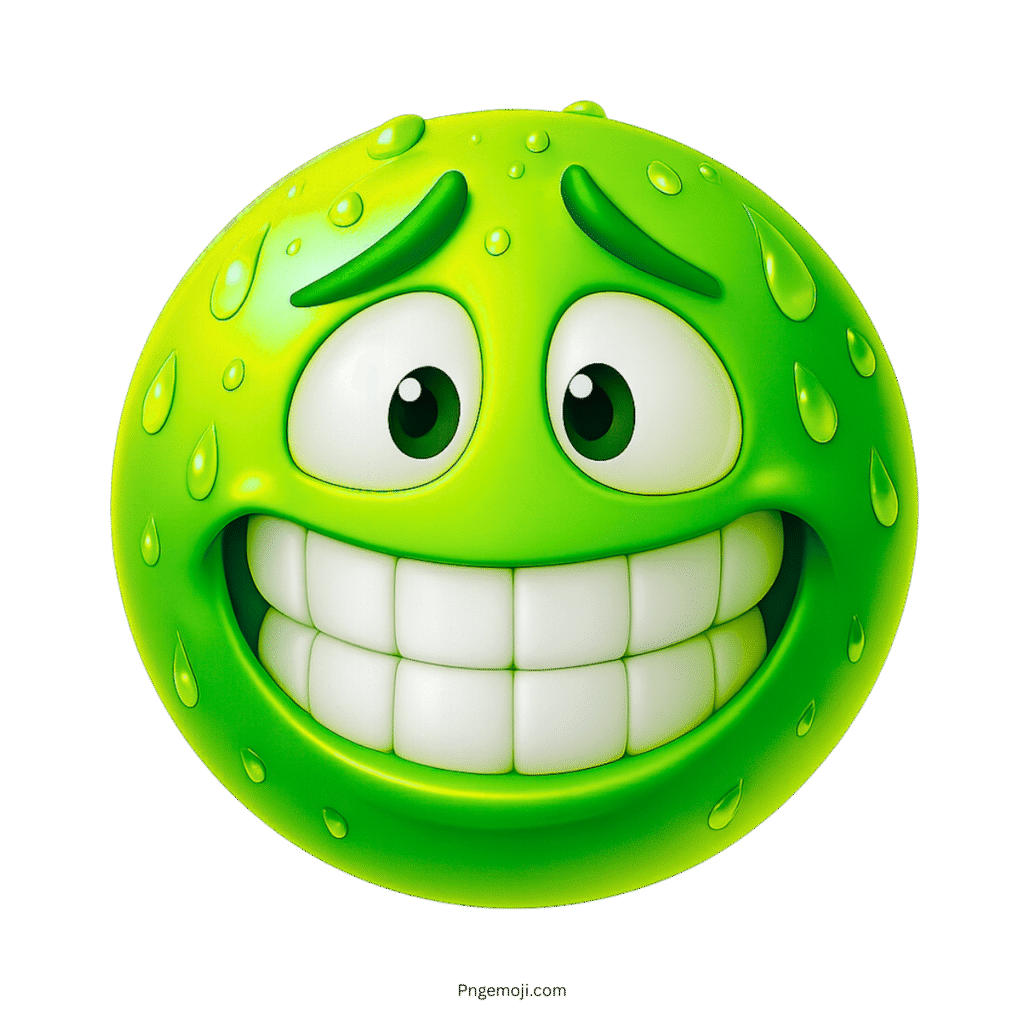 Green 3D emoji with nervous grin, sweat droplets, and glossy expressive face