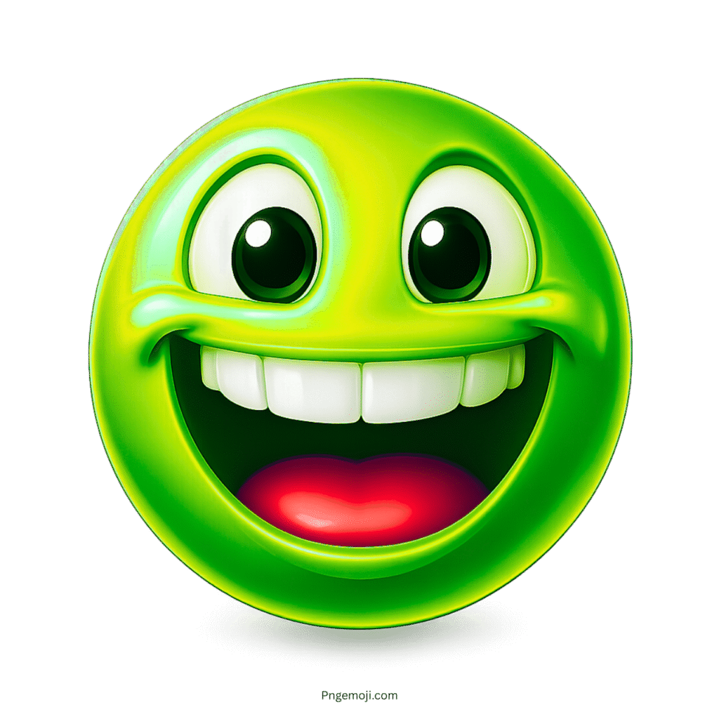 Glossy green 3D emoji with big smile, wide eyes, white teeth, and red tongue