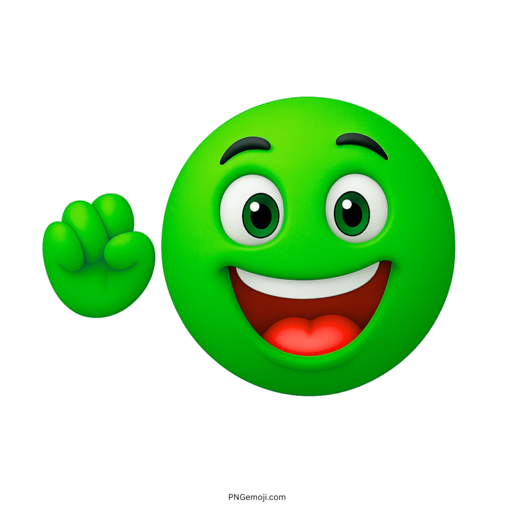 Green happy emoji waving hand with smiling mouth and excited facial expression