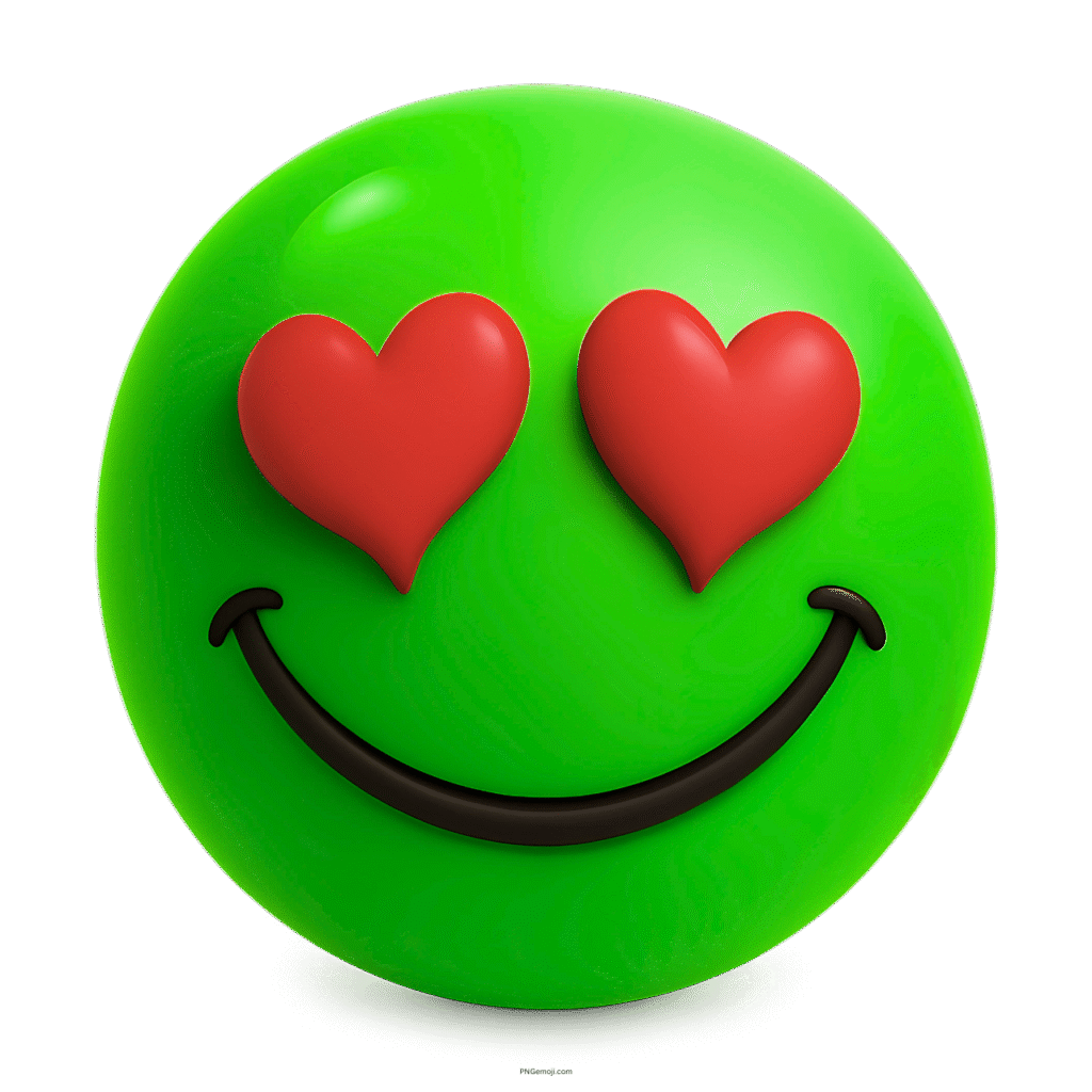 3D green smiley emoji with red heart eyes and a big happy grin