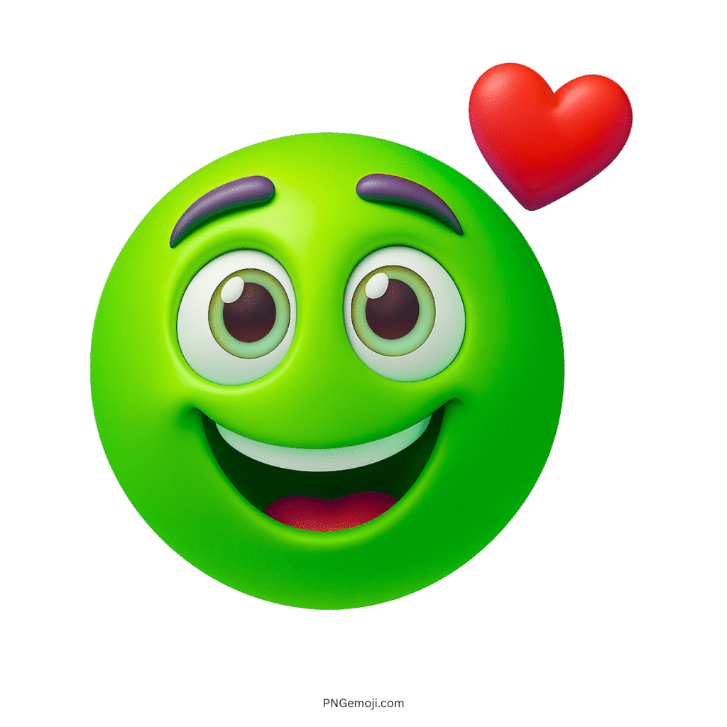 Green smiling emoji face with red heart, cute 3D design showing happiness and love