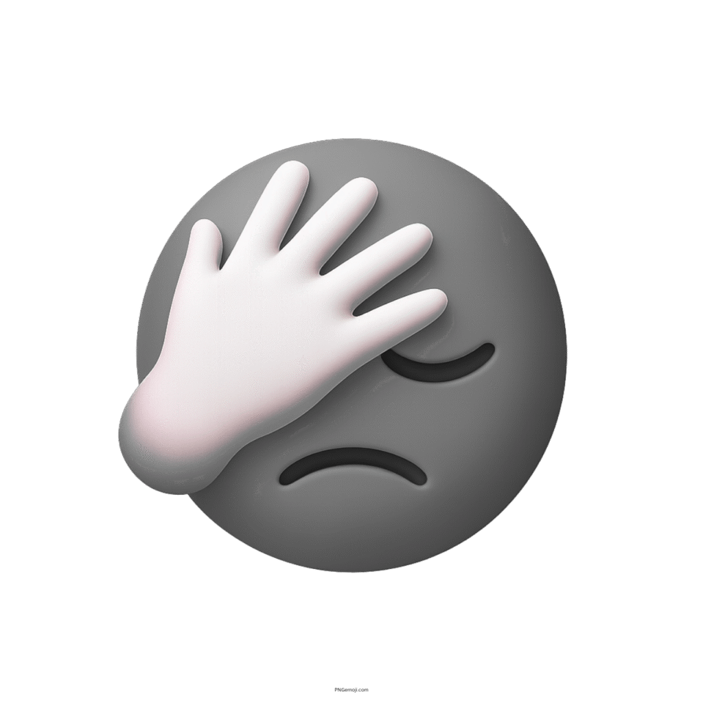 Grey 3D facepalm emoji with white hand showing disappointment and frustration