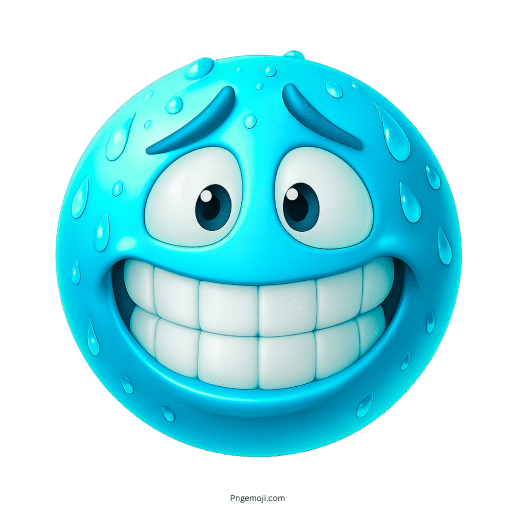 Glossy blue grinning face emoji with sweat and nervous smile expression