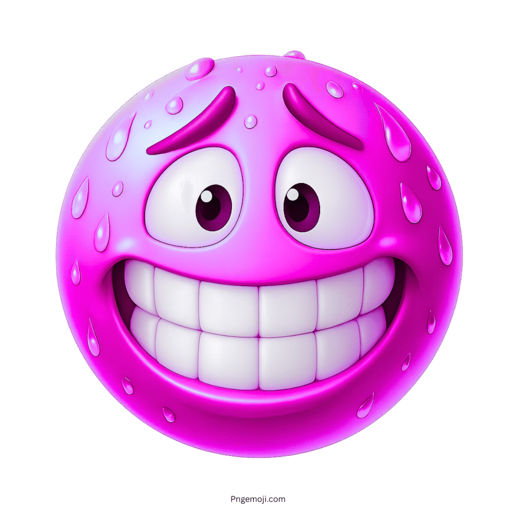 3D pink grinning face emoji with sweat droplets and nervous smile