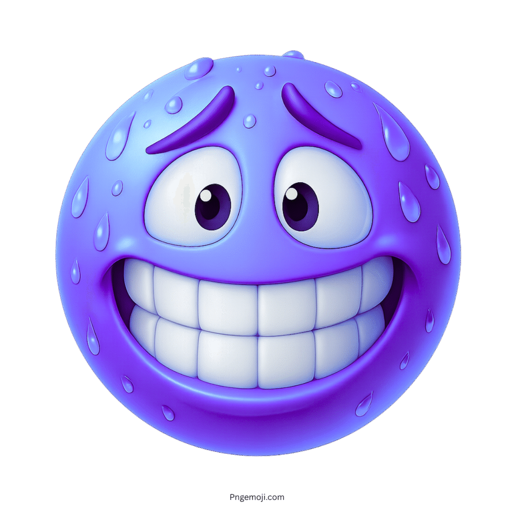 3D purple grinning emoji with sweat drops and nervous smile expression