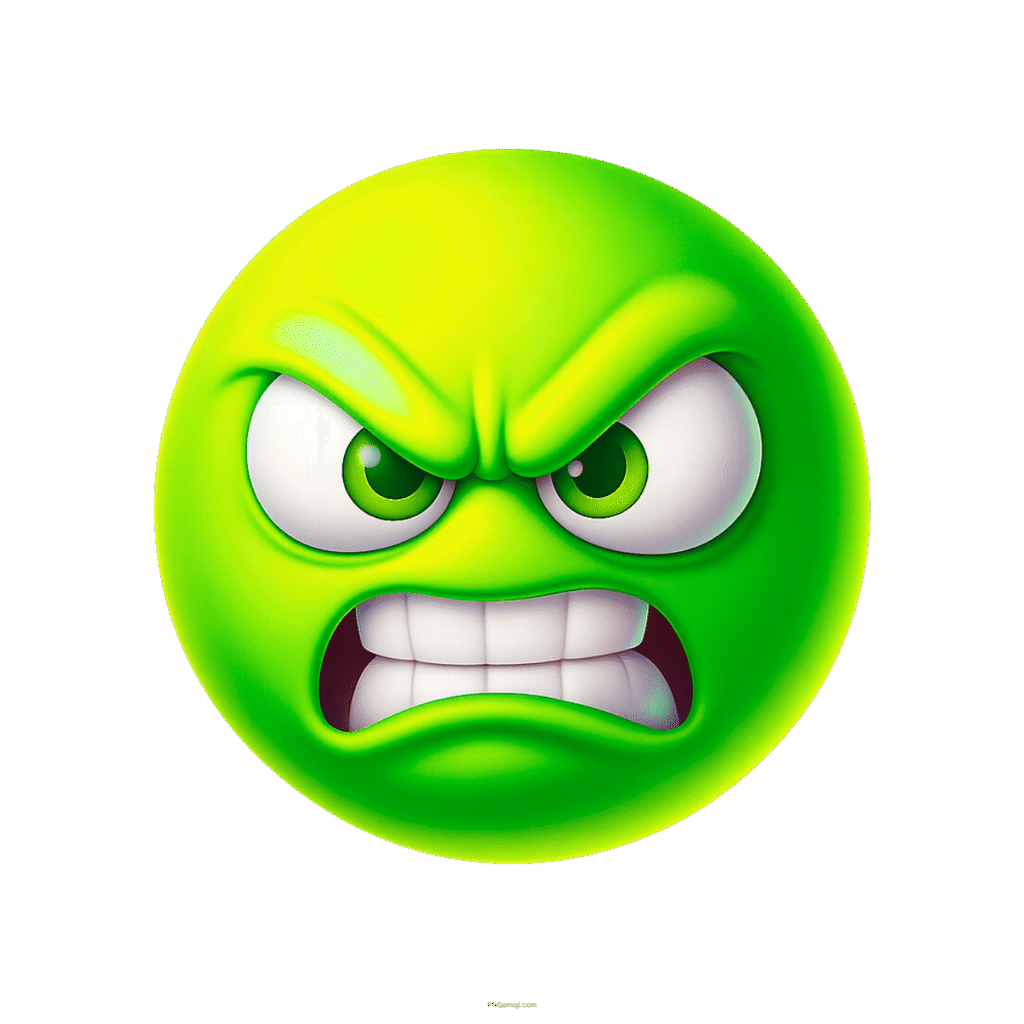 Growling mad green emoji with angry eyes and clenched teeth on transparent background
