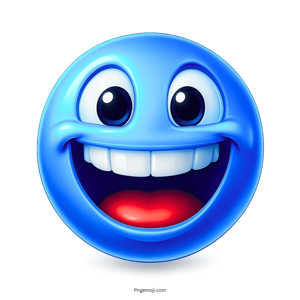 3D happy blue emoji with big grin, glossy face, open mouth, and sparkling eyes