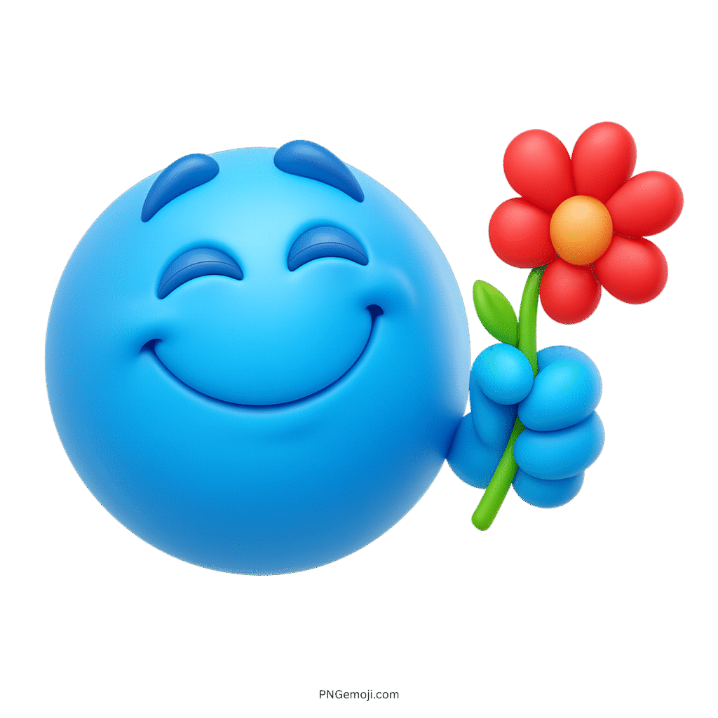 Smiling blue emoji character holding a red flower with a joyful expression.