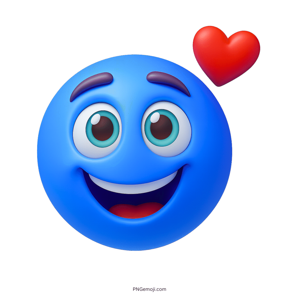Happy blue emoji smiling with love heart, joyful expression, 3D cartoon style PNG