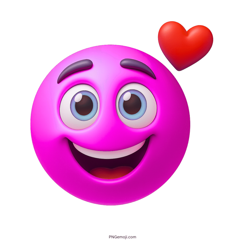 Happy smiley emoji with big eyes and red heart in 3D cartoon style