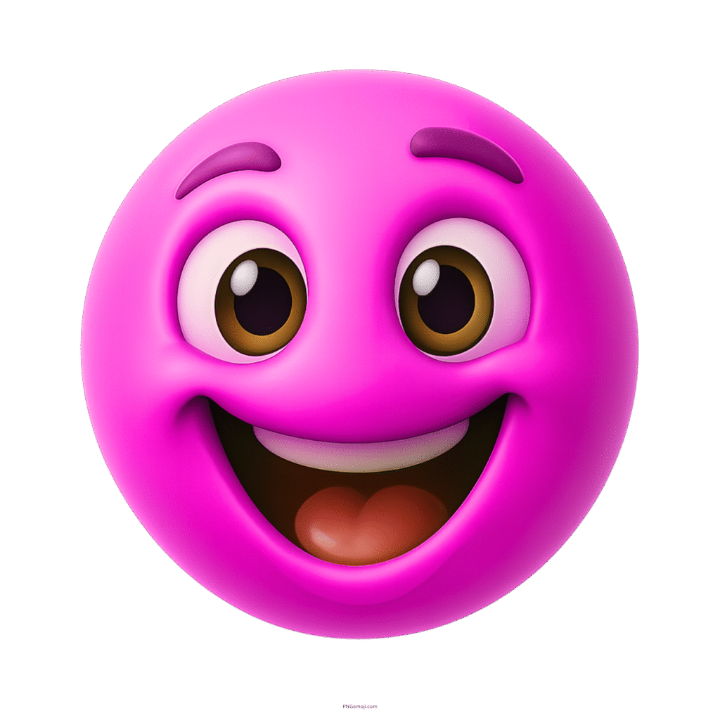 Smiling pink emoji face with big eyes and joyful expression in 3D cartoon style