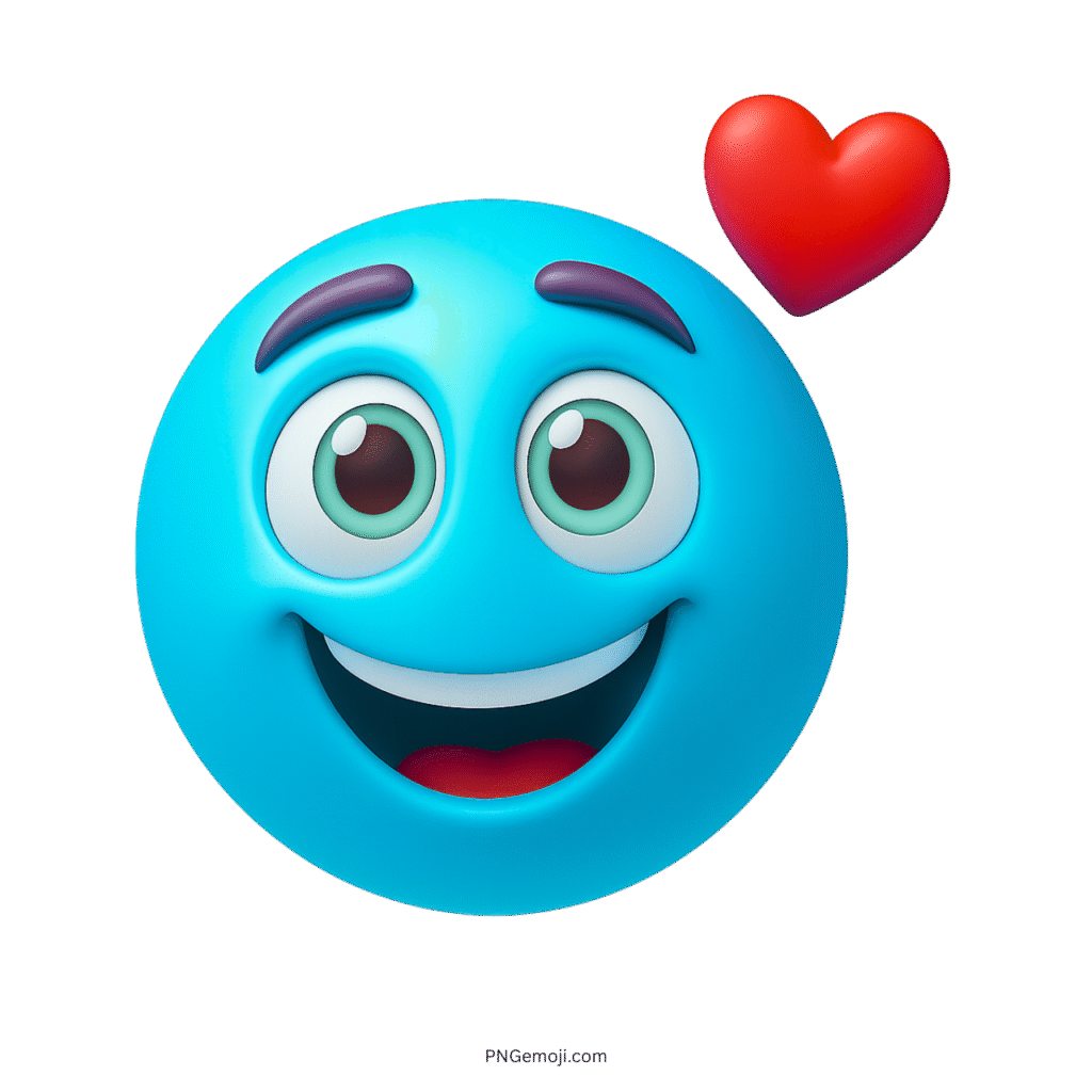 Light blue smiling emoji with red heart, joyful 3D cartoon face showing affection