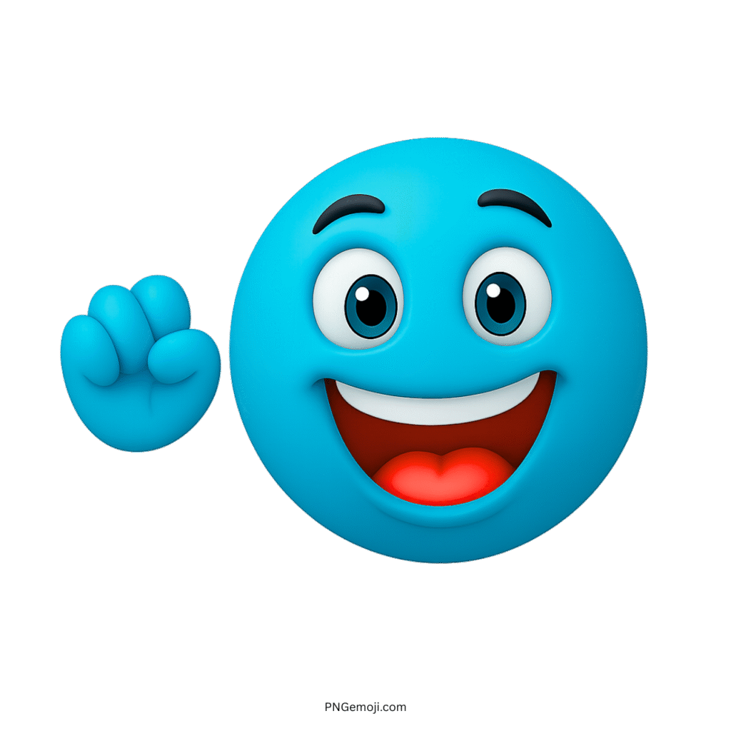 Light blue emoji face waving hand with excited smile and bright joyful eyes