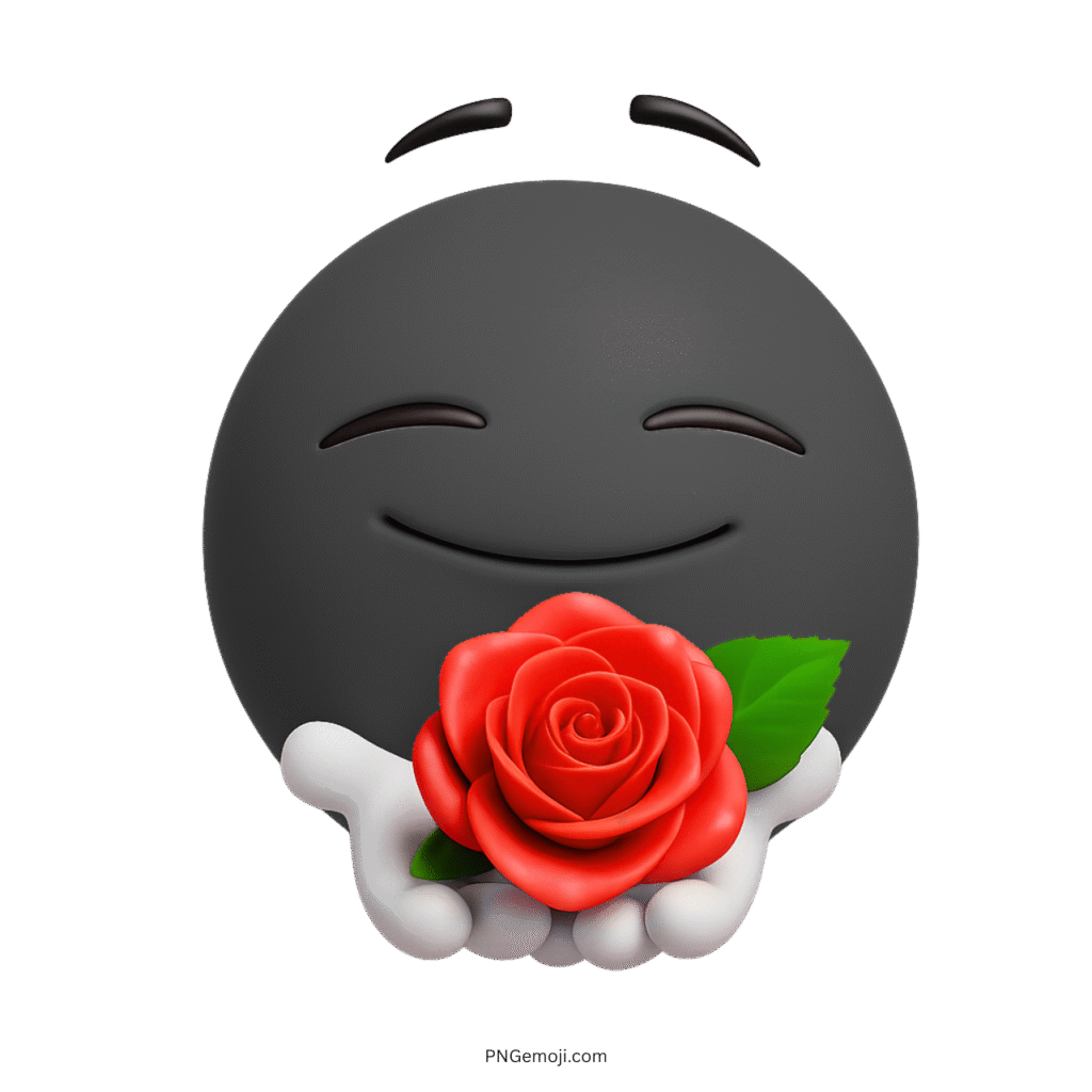 3D black emoji offering red rose with gentle happy face expression