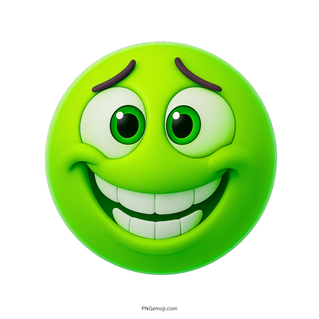 3D green emoji with nervous smile, big eyes and pensive expression