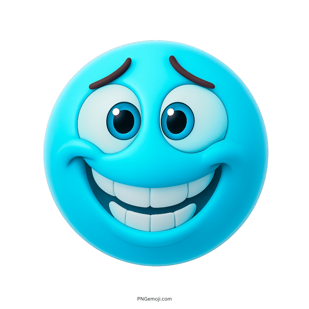 3D sky blue emoji with awkward smile and expressive nervous big eyes