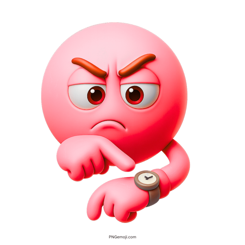3D pink angry emoji pointing at watch to show frustration with waiting or delays