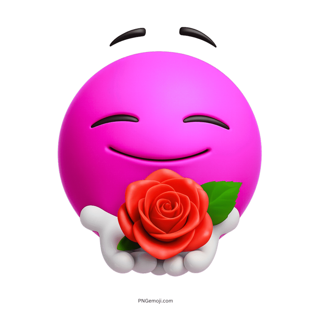 3D pink emoji offering red rose with happy peaceful facial expression