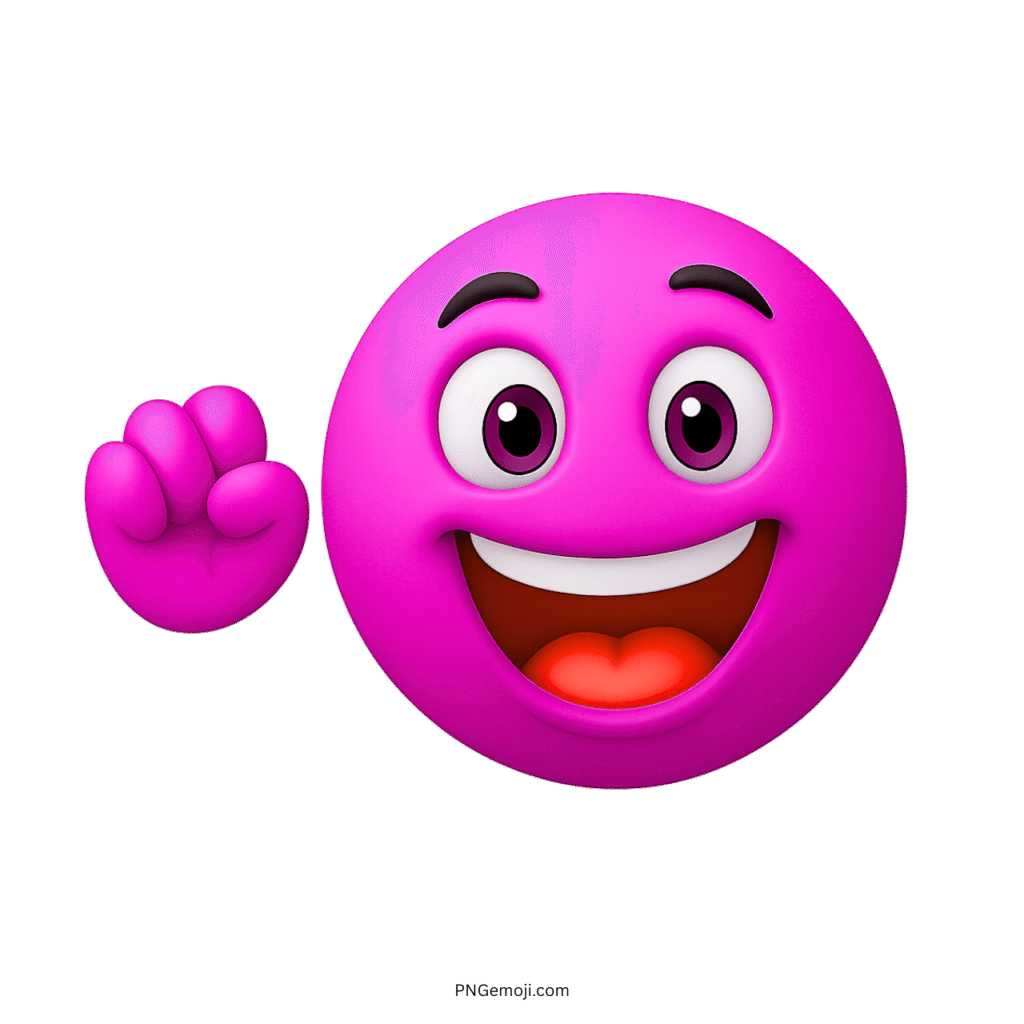 Pink emoji face waving hand with cheerful smile and excited joyful cartoon expression