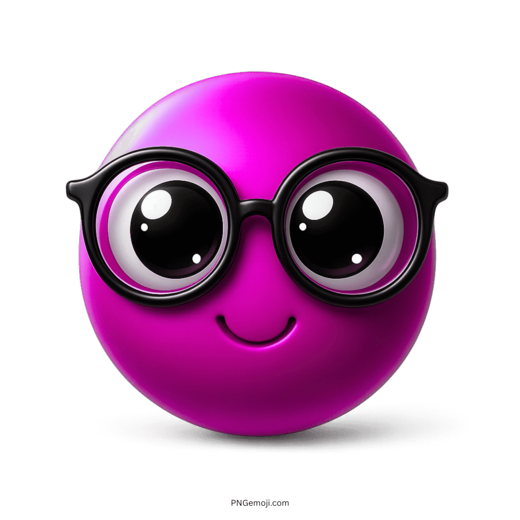 Pink emoji face with nerd glasses and large shiny cartoon-style eyes
