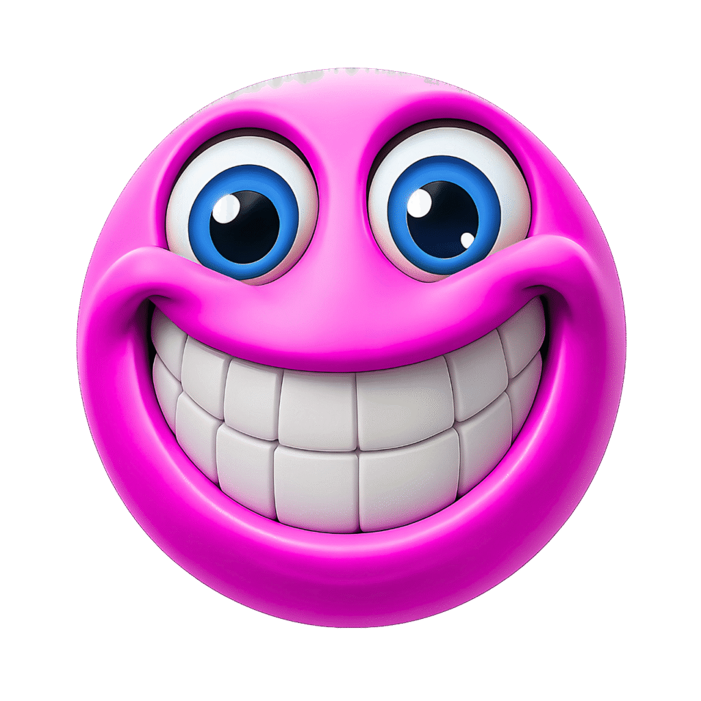 Pink emoji face with a huge smile and vivid blue eyes in cartoon style