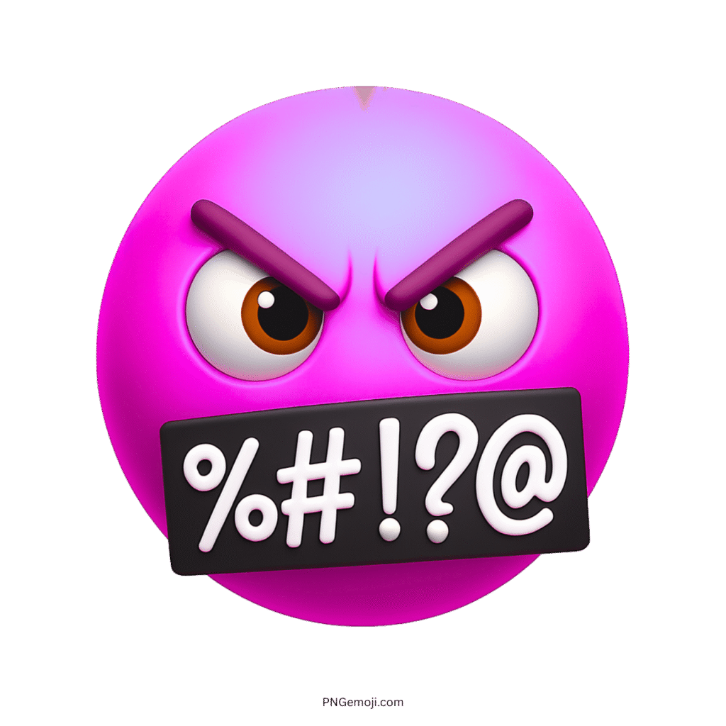 Pink angry swearing emoji with censored mouth and bold symbols showing frustration