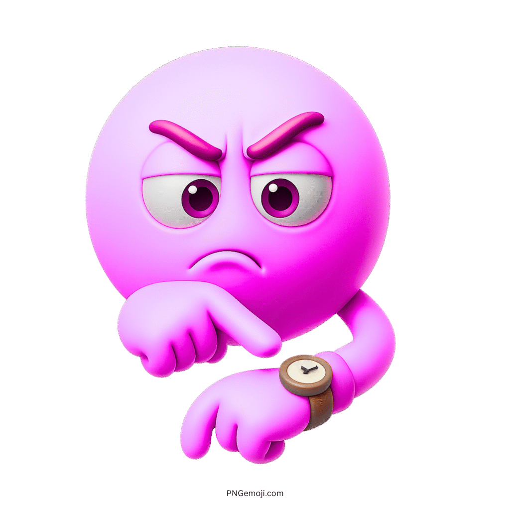 3D purple emoji angrily pointing at wristwatch to express delay, urgency or impatience