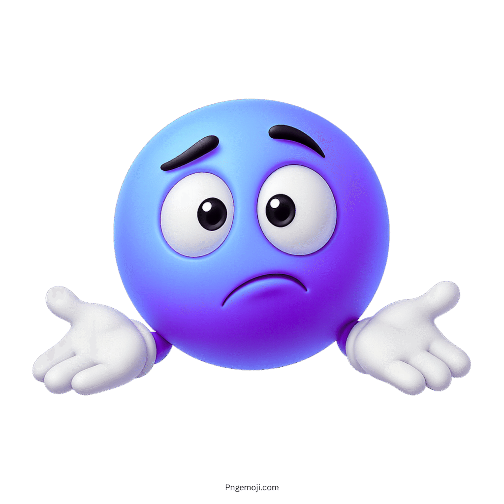 3D purple-blue shrug emoji with puzzled eyes and raised white-gloved hands