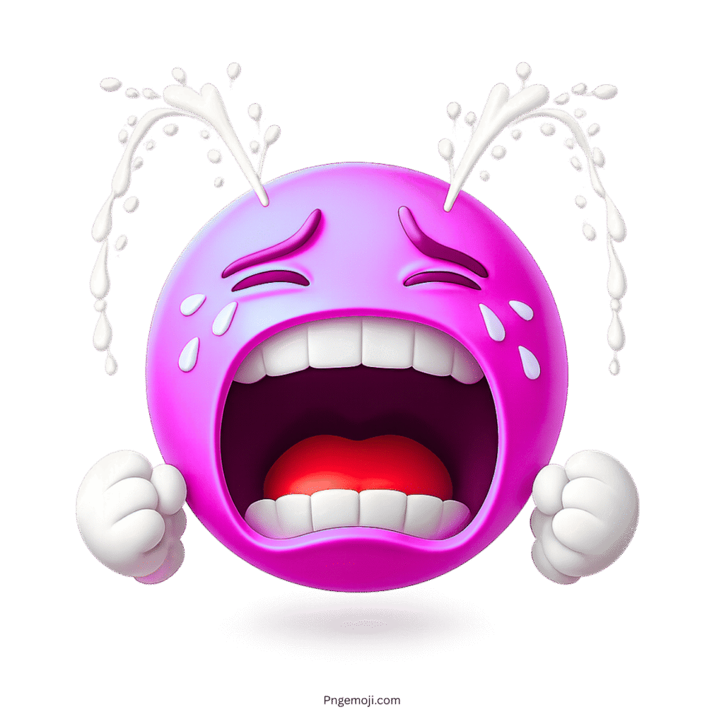 Purple 3D crying emoji with clenched fists and shooting fountain tears