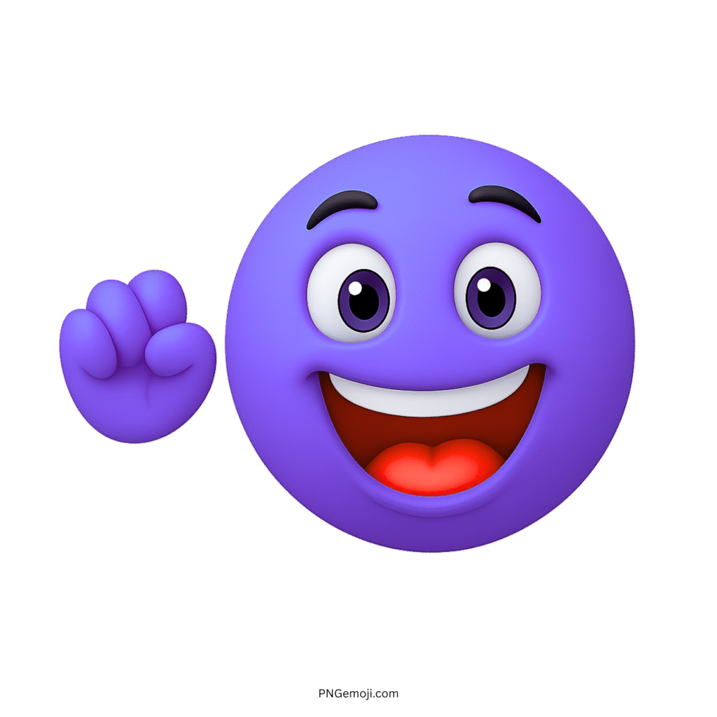Purple emoji face with waving hand and joyful oh yeah expression and smile
