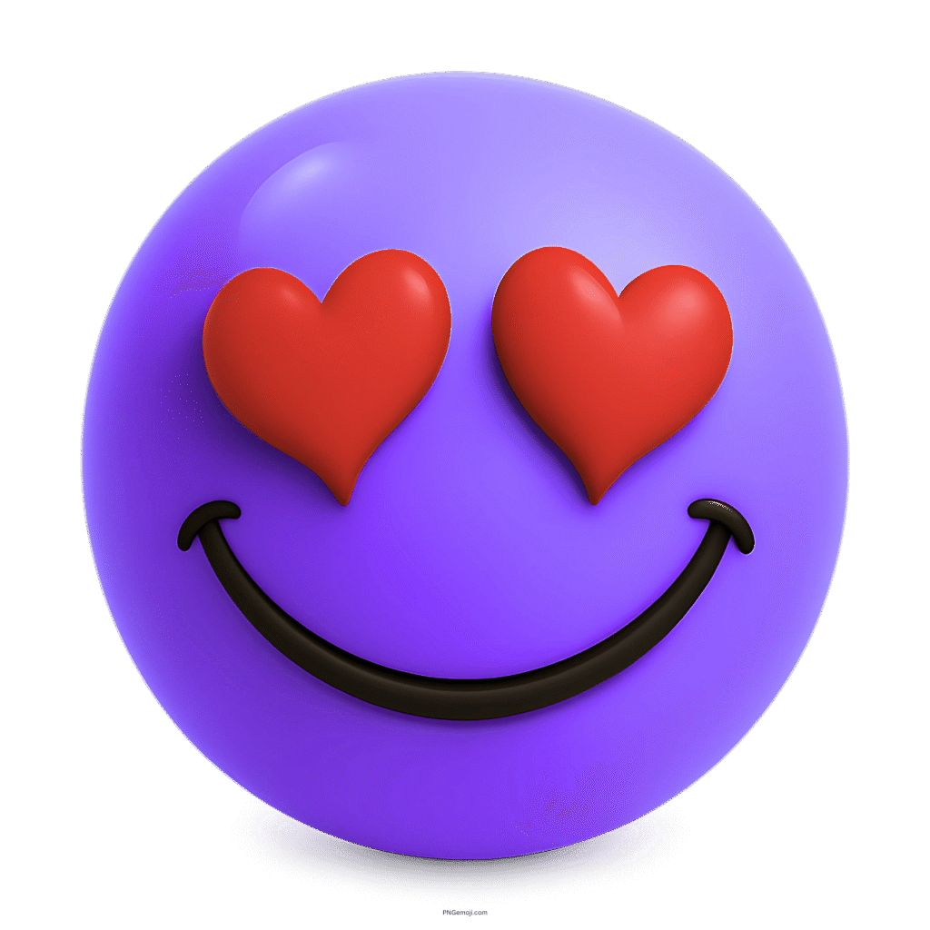 Glossy purple 3D smiley emoji with red heart eyes and a happy face