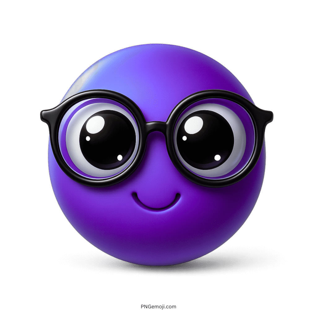 Purple emoji face with nerd glasses and large shiny cartoon-style eyes